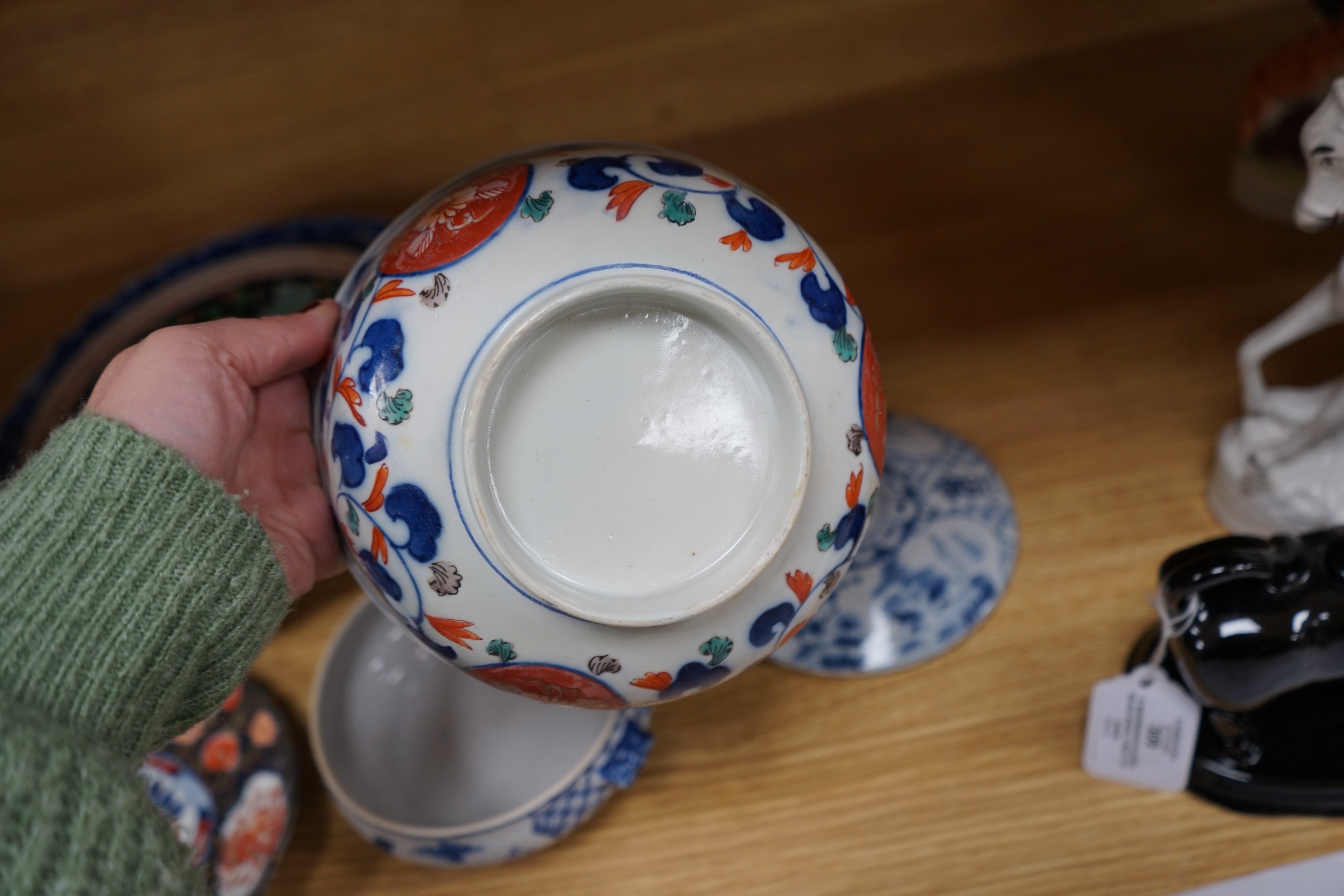 An early 20th century Chinese blue and white prunus vase, group of Chinese, Japanese porcelain Rex Hotel tureens, soapstone wine pot etc